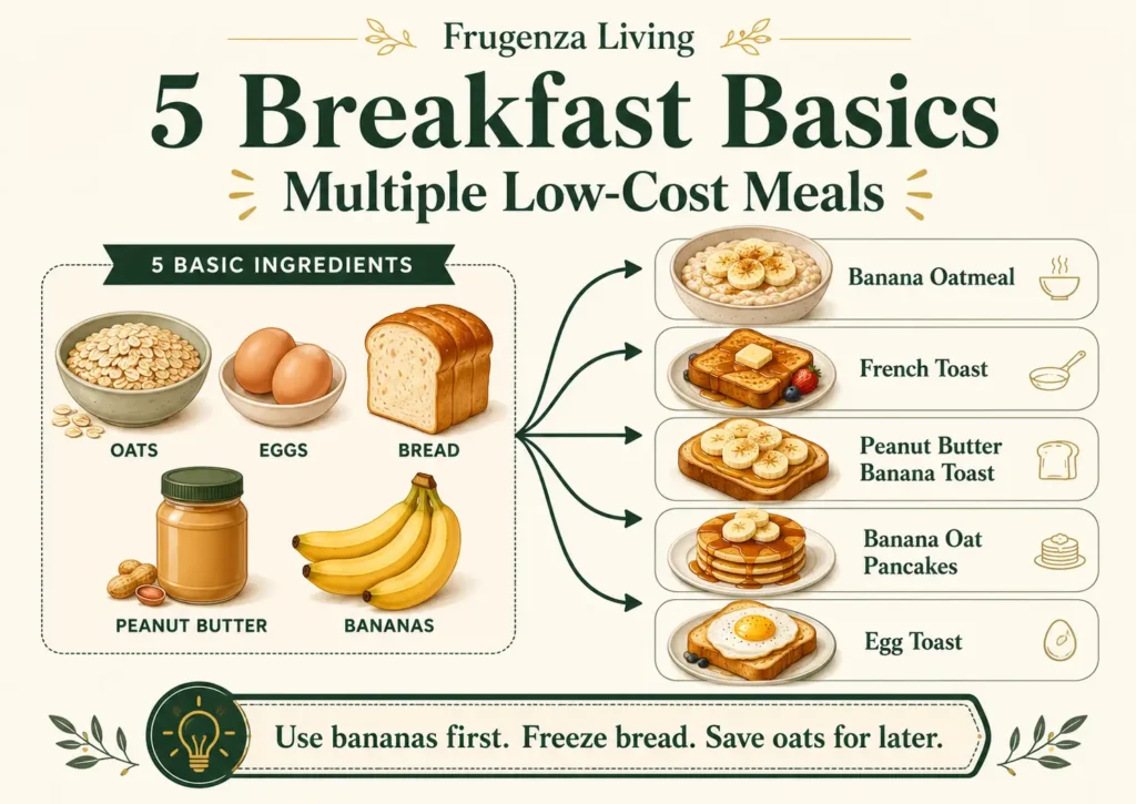 Five basic breakfast ingredients used to make banana oatmeal, French toast, egg toast, and banana oat pancakes
