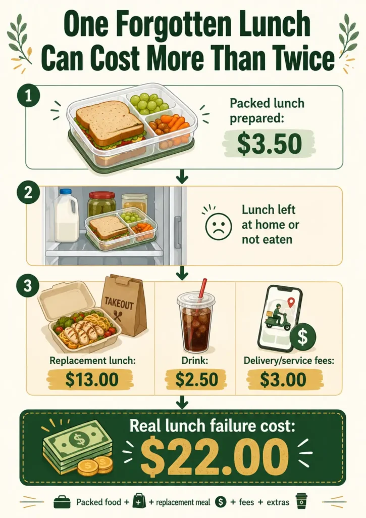 Forgotten packed lunch showing how replacement food, drinks, delivery fees, and wasted food increase the total lunch cost