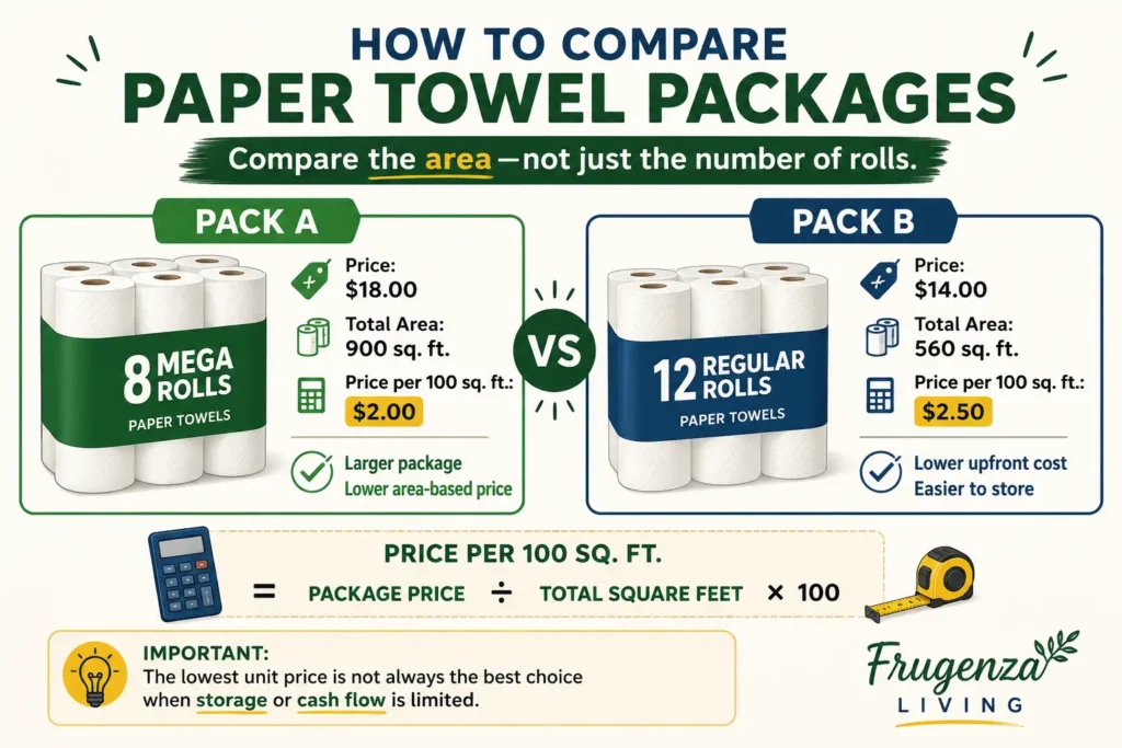 How to save money on paper towels by comparing package price and total square footage
