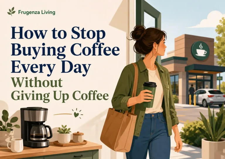 Woman leaving home with prepared coffee while passing a coffee shop without making an automatic purchase