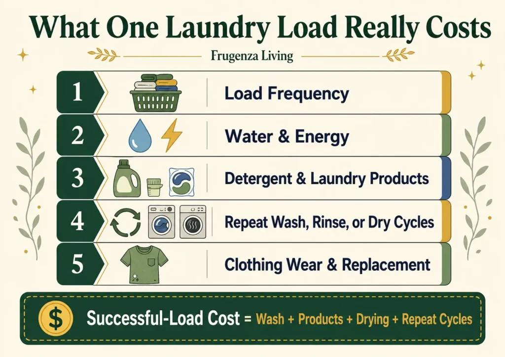 Laundry cost stack showing load frequency water energy detergent repeat cycles and clothing replacement costs