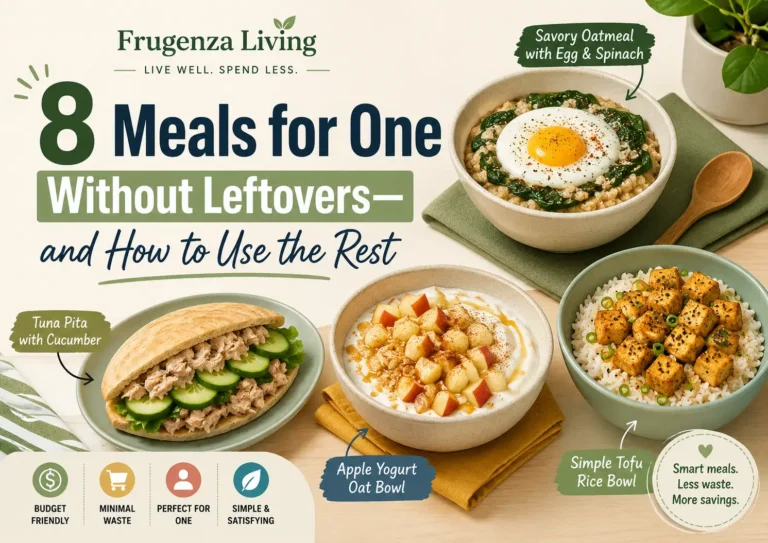 Meals for one without leftovers including savory oatmeal, tuna pita, apple yogurt oat bowl, and tofu rice bowl