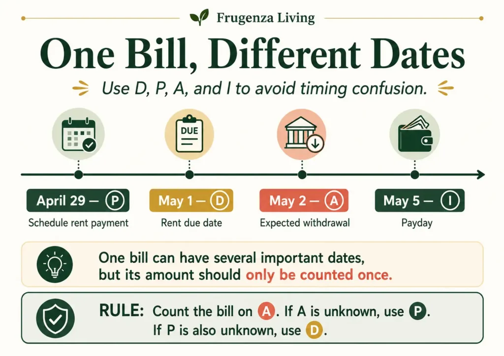 Timeline showing a bill due date, planned payment date, expected withdrawal date, and payday