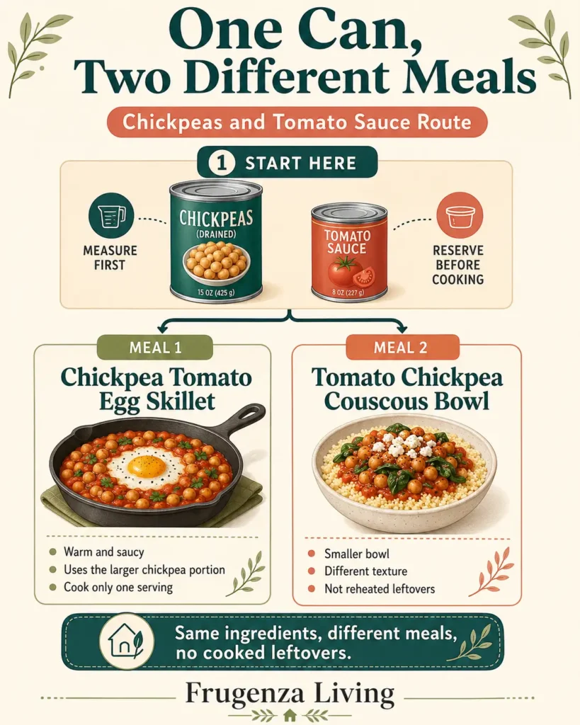 One can of chickpeas and tomato sauce divided into a chickpea egg skillet and a tomato chickpea couscous bowl