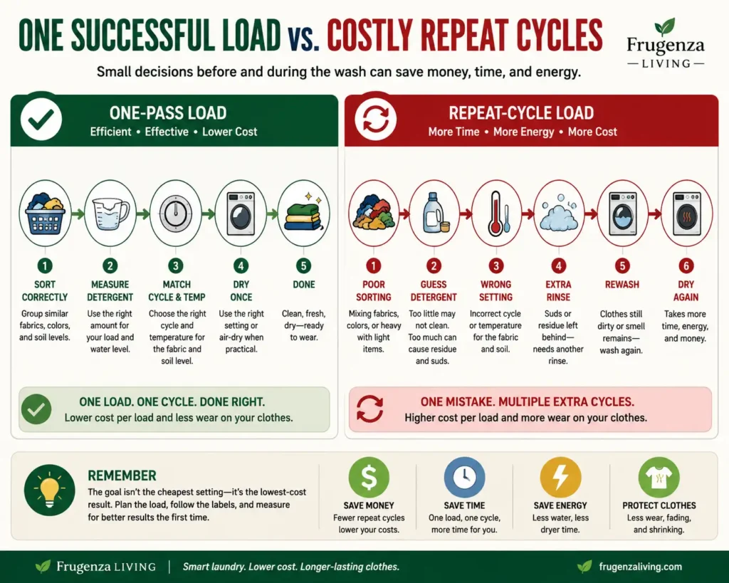 One successful laundry load compared with costly repeat wash rinse and drying cycles