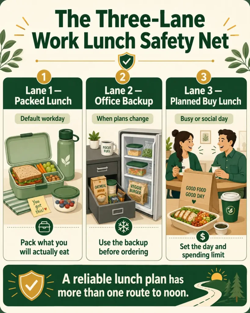 Three-lane work lunch system featuring a packed lunch, office backup, and planned purchased lunch