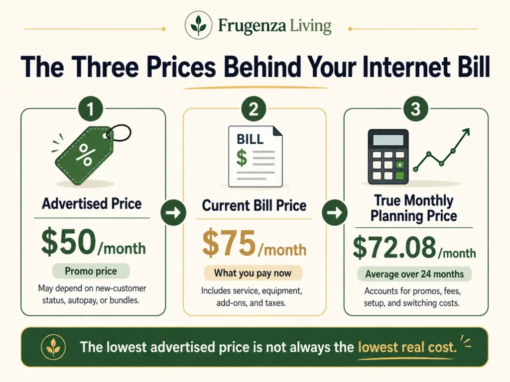 Advertised price current bill price and true monthly planning price for home internet