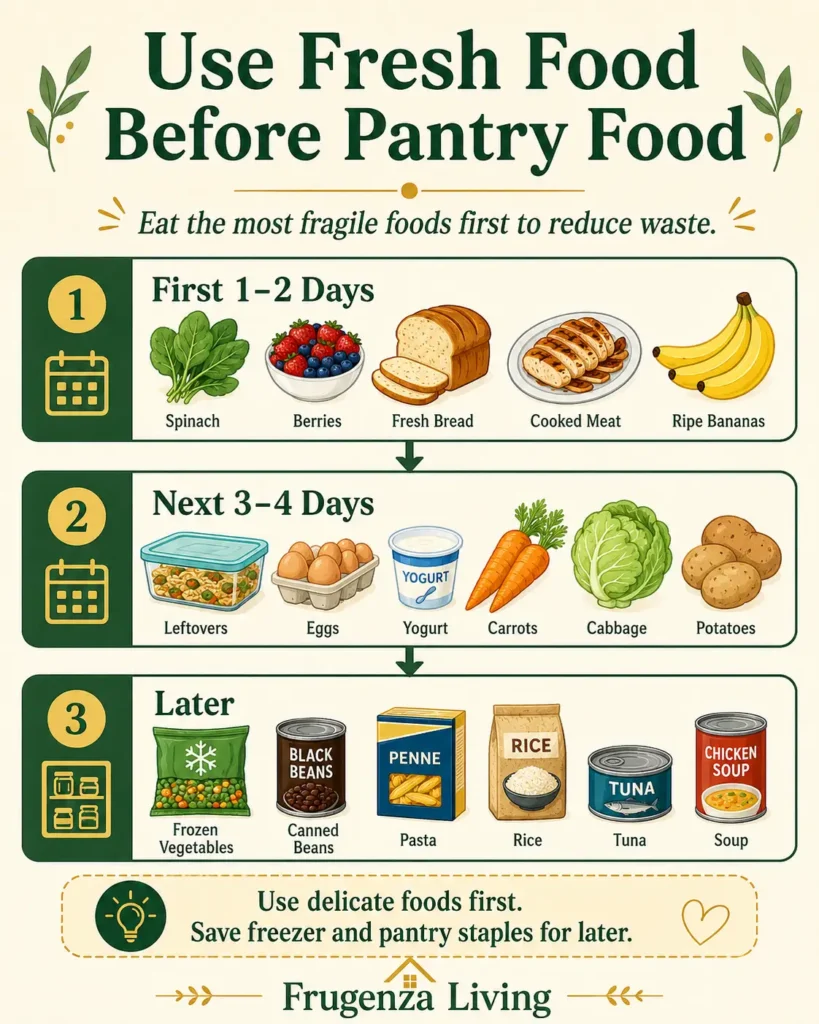 Food use order for one person showing fresh foods first leftovers next and pantry staples later