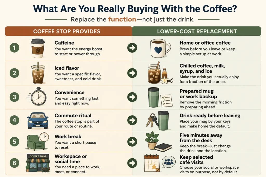 Comparison of what a coffee stop provides and lower-cost replacements for caffeine, flavor, convenience, commute, breaks, and social time
