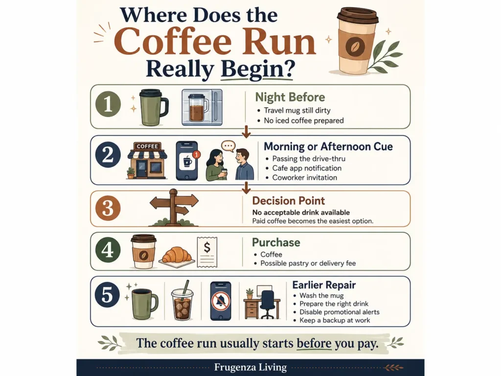 Coffee-buying sequence showing the night-before setup, purchase cues, decision point, purchase, and earlier repair
