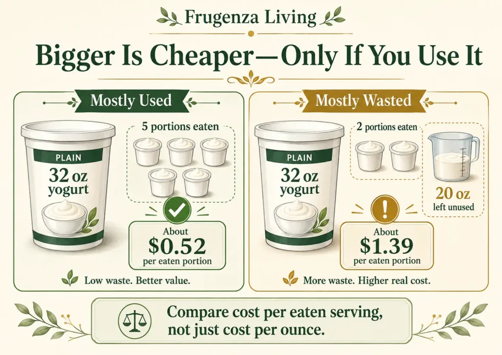 Comparison of yogurt cost per eaten serving when most of a large tub is used versus wasted