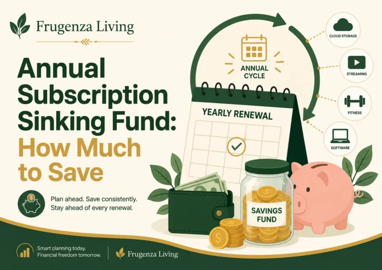 Annual subscription sinking fund guide showing yearly renewals, savings jar, calendar, wallet, and subscription categories