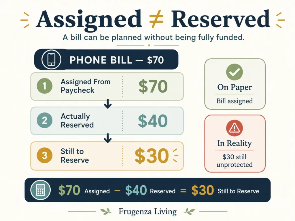 Example showing a $70 paycheck bill assignment with $40 reserved and $30 still needing to be funded