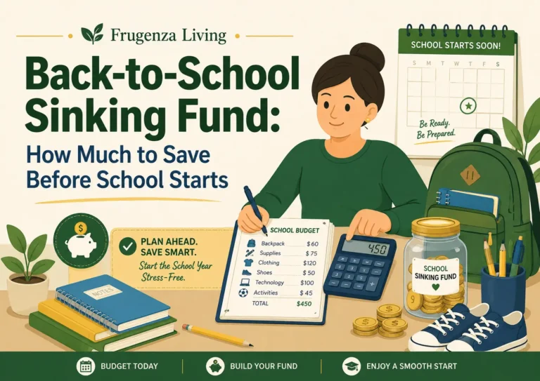 Back-to-school sinking fund guide with school supplies, budget elements, and a savings theme for school-year launch costs