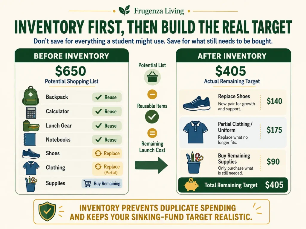 Back-to-school inventory showing reusable school items and the remaining costs that need to be funded