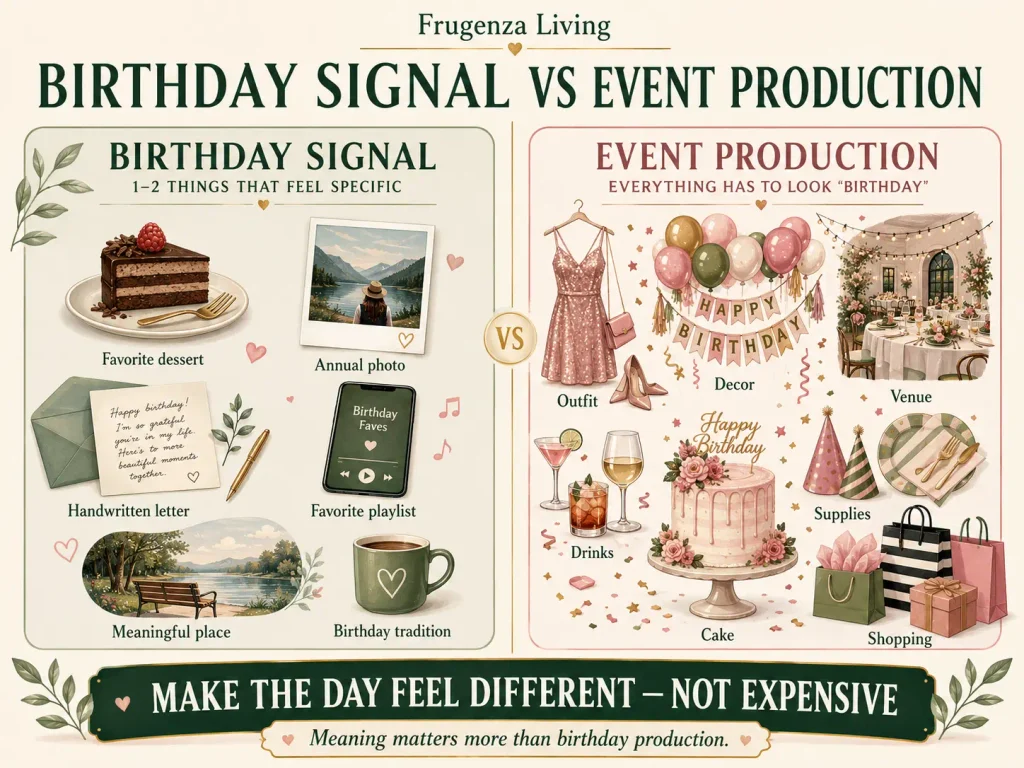 Comparison between a simple meaningful birthday signal and expensive birthday event production with outfits, decorations, venue, and party supplies