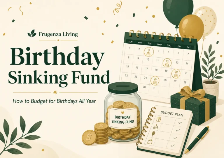 Birthday sinking fund guide showing a savings jar, birthday calendar, gift, coins, and budget planner