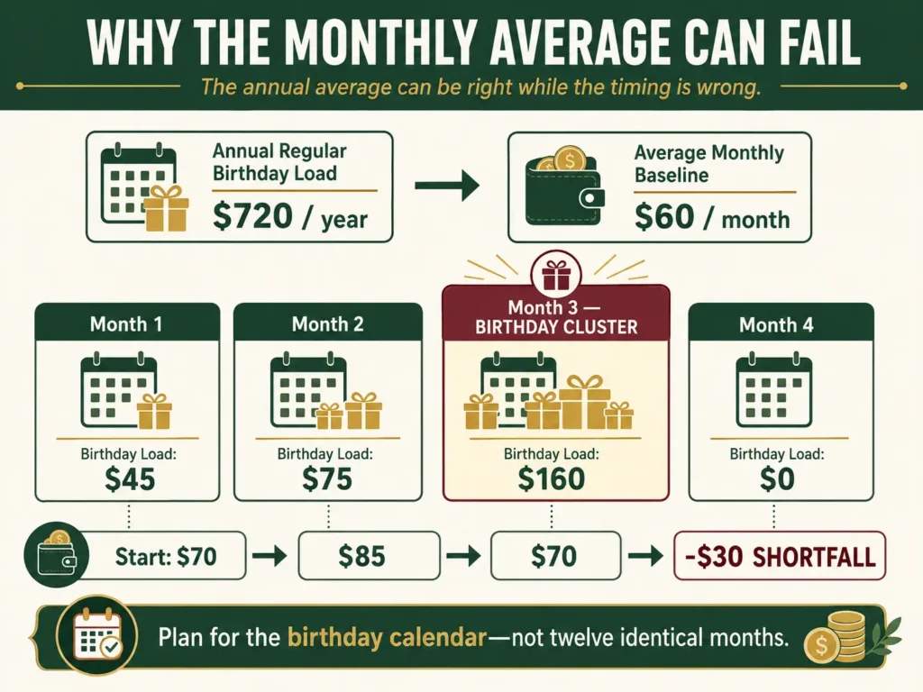 Birthday sinking fund example showing how a monthly savings average can still create a shortfall during a birthday-heavy month