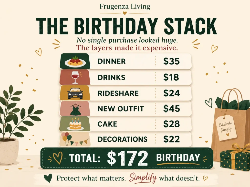 Birthday spending stack showing dinner, drinks, rideshare, outfit, cake, and decorations adding up to $172