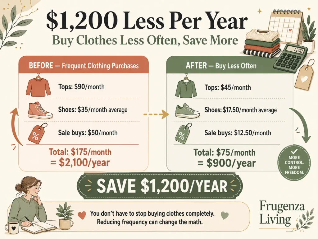 Clothing spending example showing how buying less often reduces annual spending from $2,100 to $900