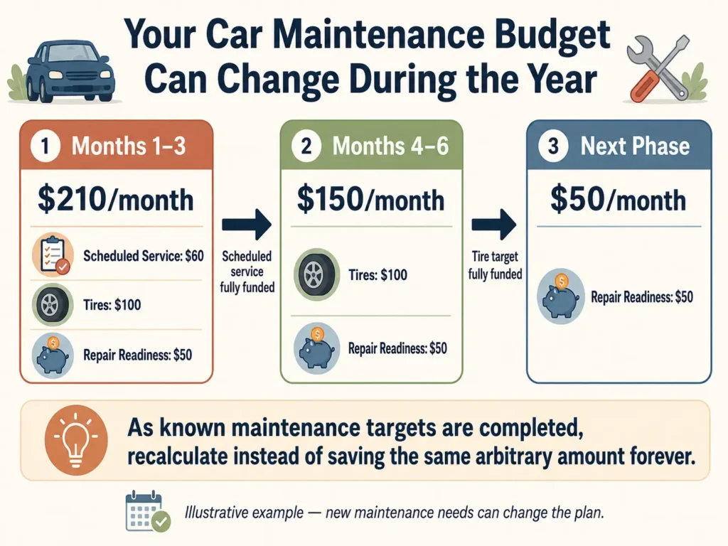 Example showing a car maintenance budget decreasing from $210 to $150 and then $50 per month as scheduled service and tire targets become fully funded