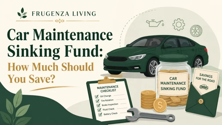 Car maintenance sinking fund guide showing savings jar, car, maintenance checklist, and repair savings