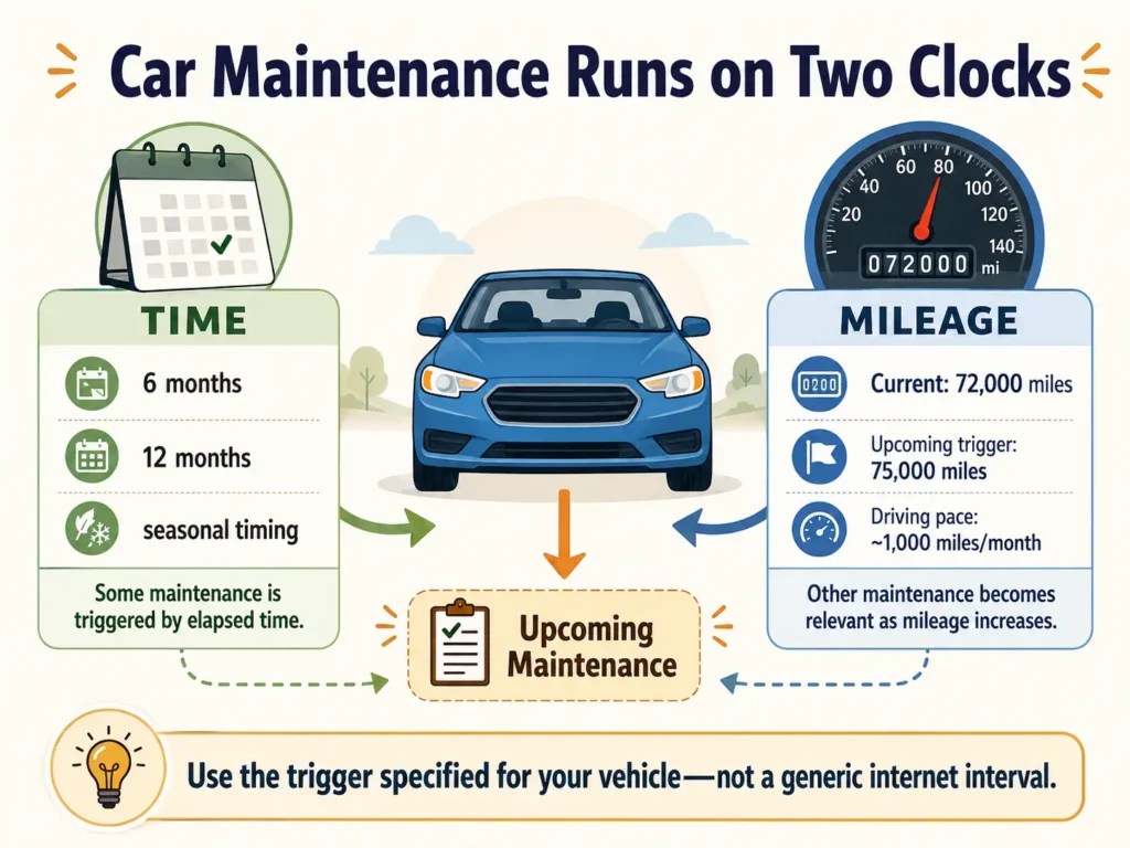 Car maintenance budgeting graphic comparing time-based and mileage-based service triggers using a calendar and vehicle odometer
