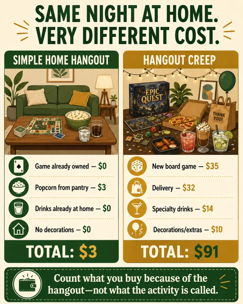 Comparison of a simple cheap hangout at home versus hangout creep caused by a new game, delivery, drinks, and extra purchases