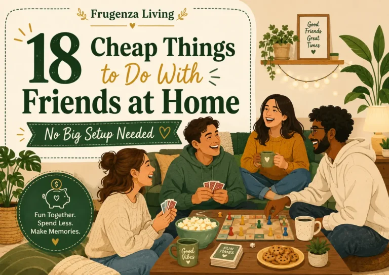 Friends enjoying cheap activities at home with cards, board games, popcorn, and drinks in a cozy living room