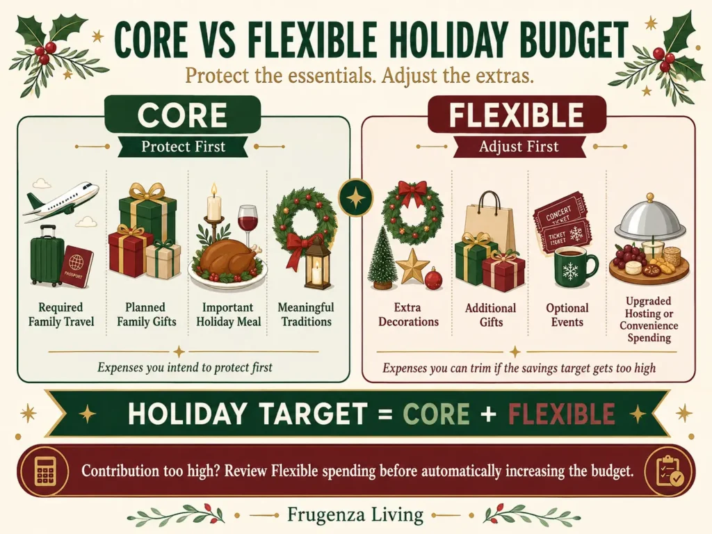 Core versus flexible holiday sinking fund expenses showing which costs to protect and which to adjust