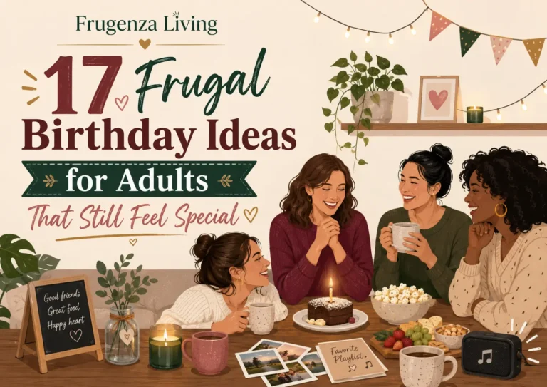 Adult friends enjoying a simple frugal birthday celebration at home with cake, drinks, photos, and a favorite playlist