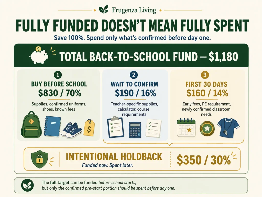 Back-to-school sinking fund showing pre-start spending and intentional holdback for later school expenses