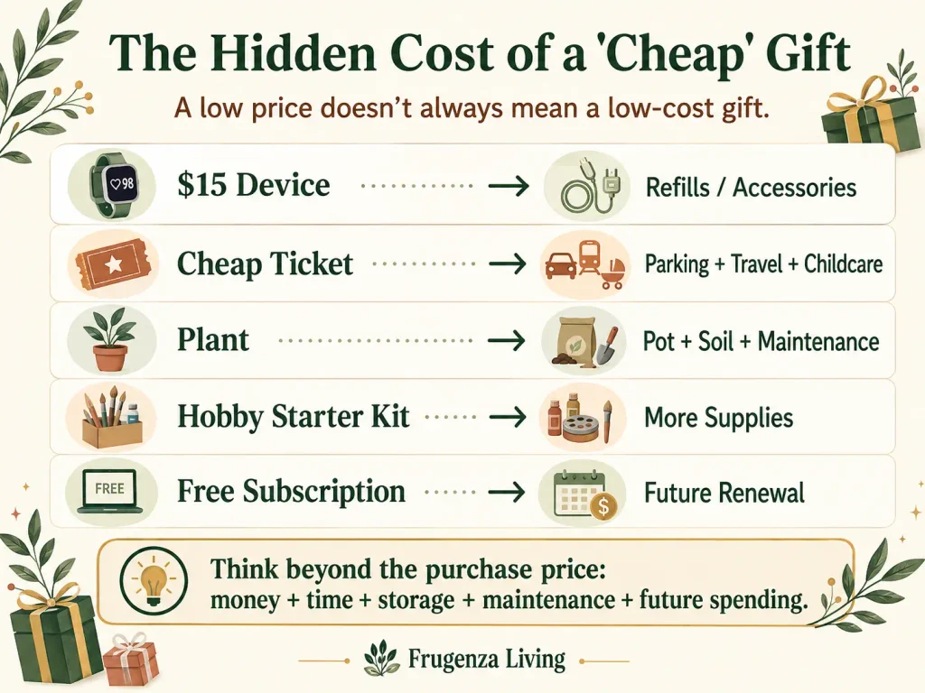 Hidden costs of cheap gifts including refills, travel, maintenance, subscriptions, and extra supplies