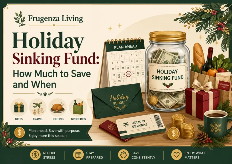 Holiday sinking fund guide showing savings jar, calendar, gifts, travel, groceries, and holiday budgeting