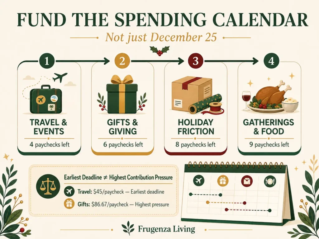 Holiday sinking fund deadline ladder showing when to fund travel, gifts, shipping, and holiday food
