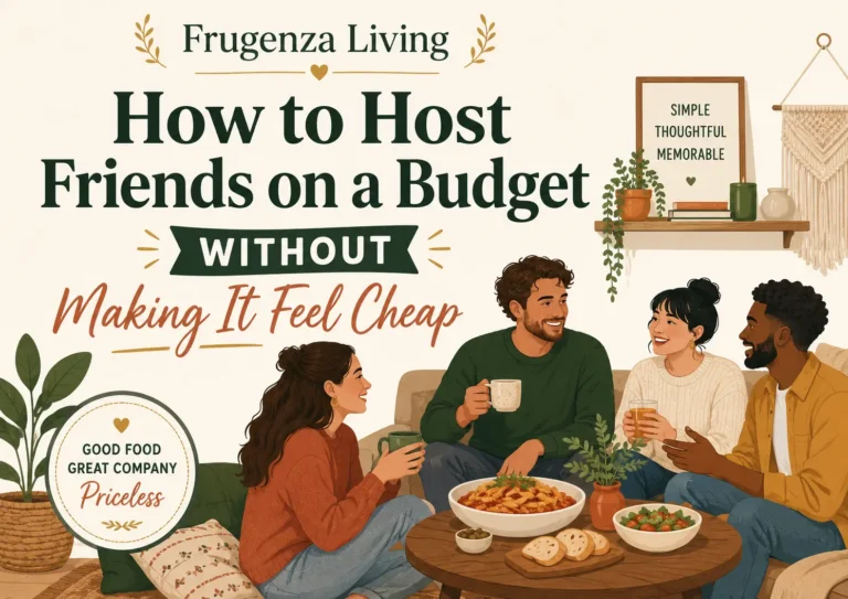 Friends enjoying a simple meal together at home while hosting on a budget