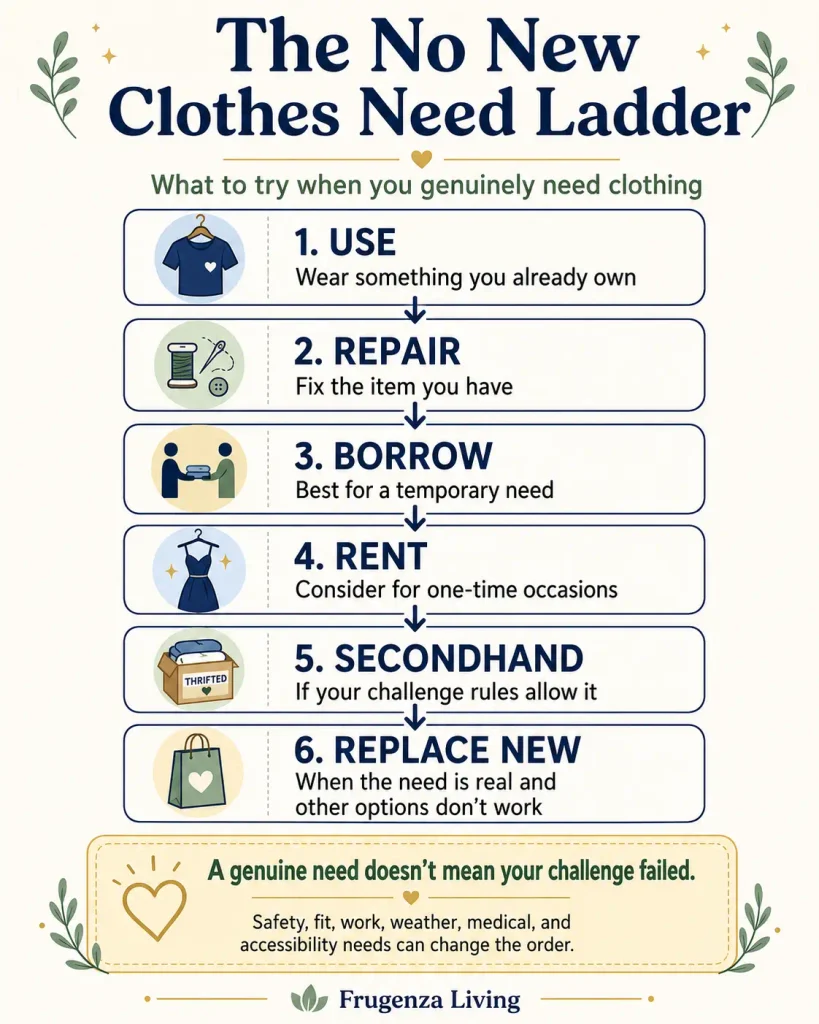 No new clothes challenge Need Ladder showing use, repair, borrow, rent, secondhand, and replace options