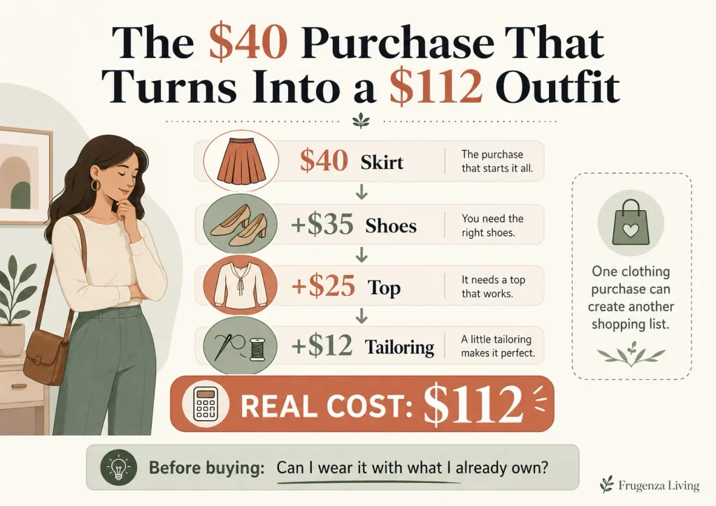 Example of a $40 clothing purchase increasing to $112 after shoes, a top, and tailoring