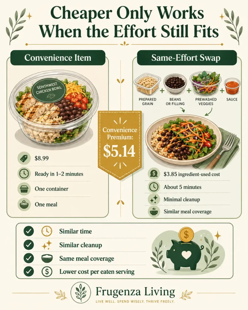 Comparison of an $8.99 prepared grocery bowl and a $3.85 same-effort meal alternative with similar time and meal coverage