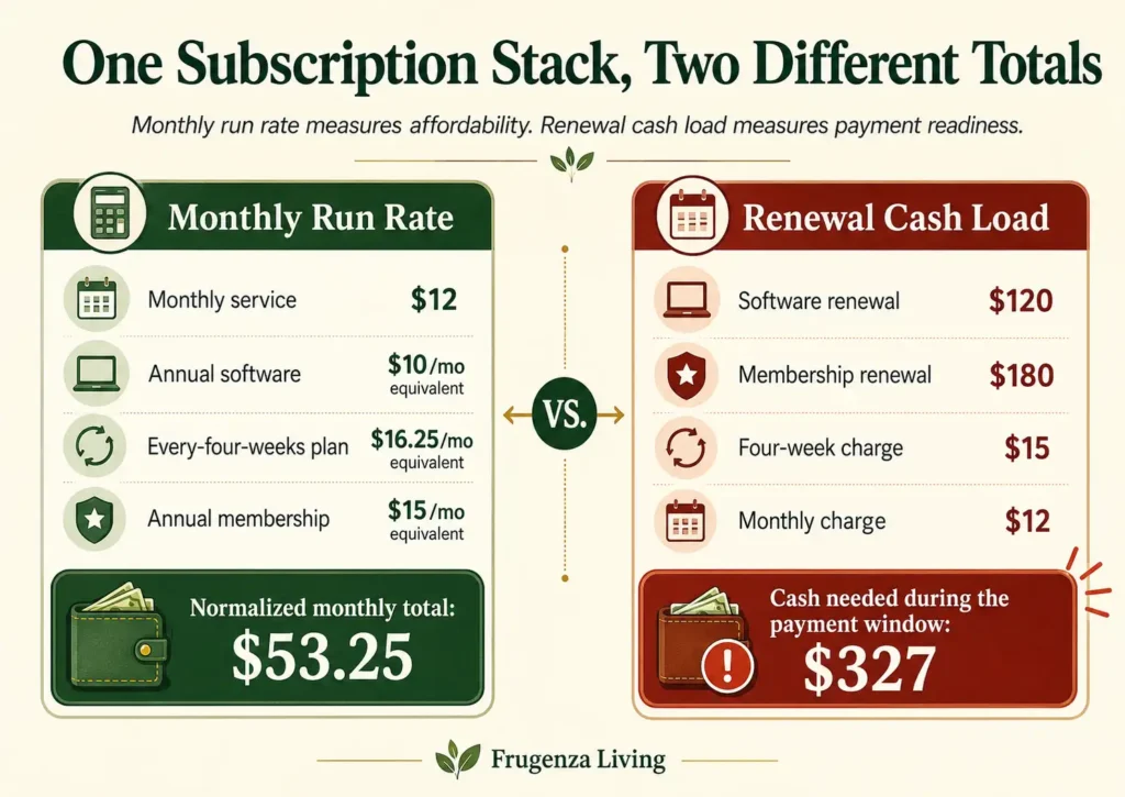 Comparison between a $53.25 normalized monthly subscription cost and $327 of actual renewal charges due in one payment window