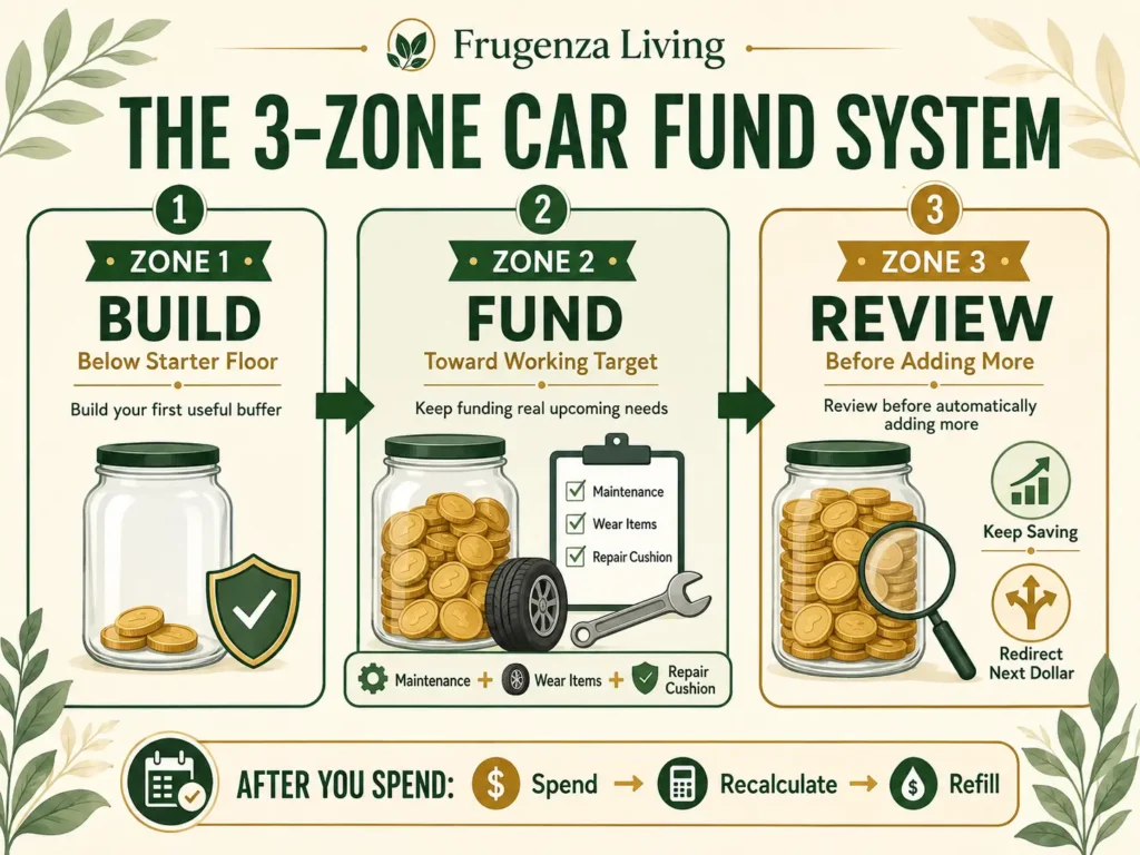 Three-Zone Car Maintenance Sinking Fund System showing build, fund, review, and refill stages