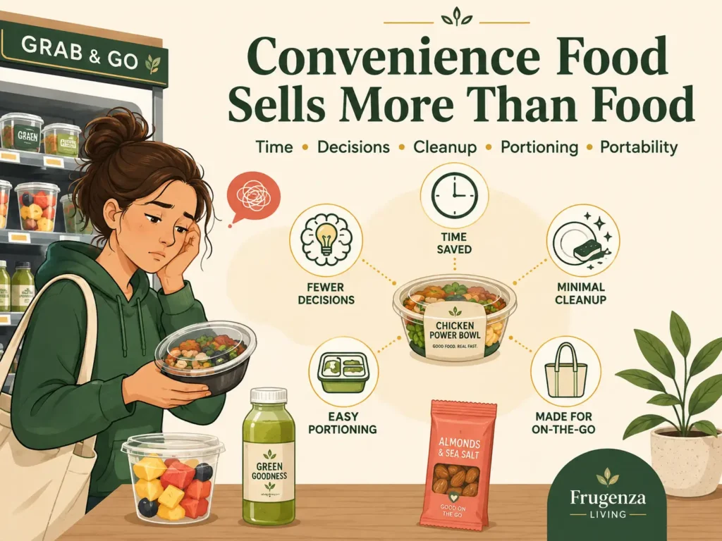 Illustration showing that convenience food sells time savings, fewer decisions, minimal cleanup, easy portions, and portability