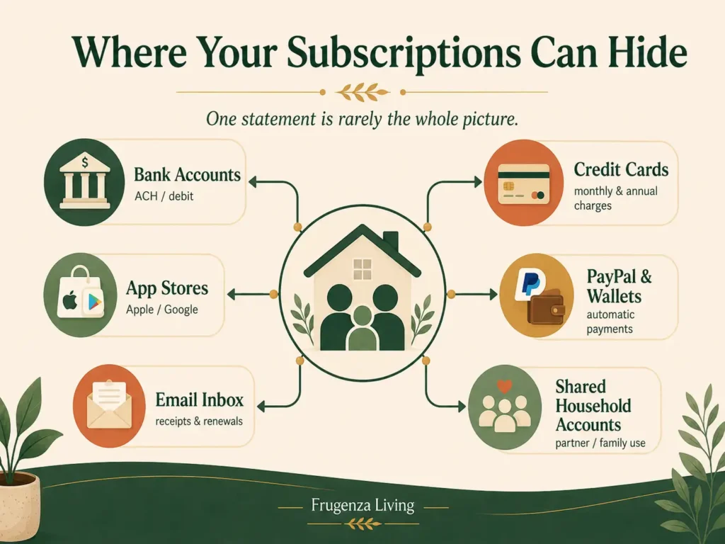 Visual map showing where recurring subscriptions can hide across bank accounts, credit cards, app stores, PayPal, email, and shared household accounts