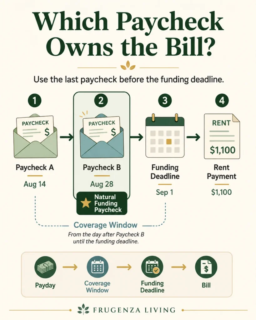 Timeline showing which paycheck should fund a bill based on the last payday before the funding deadline