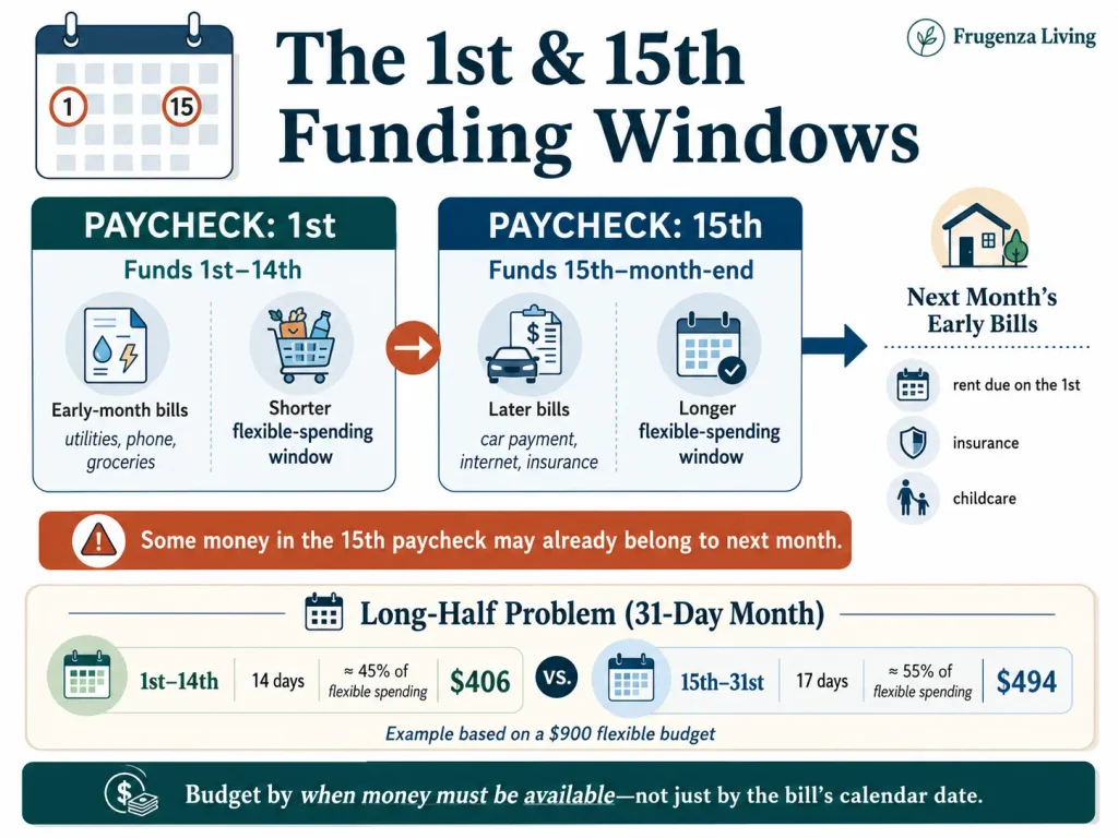 1st and 15th paycheck funding windows showing how the second paycheck can cover a longer spending period and early next-month bills