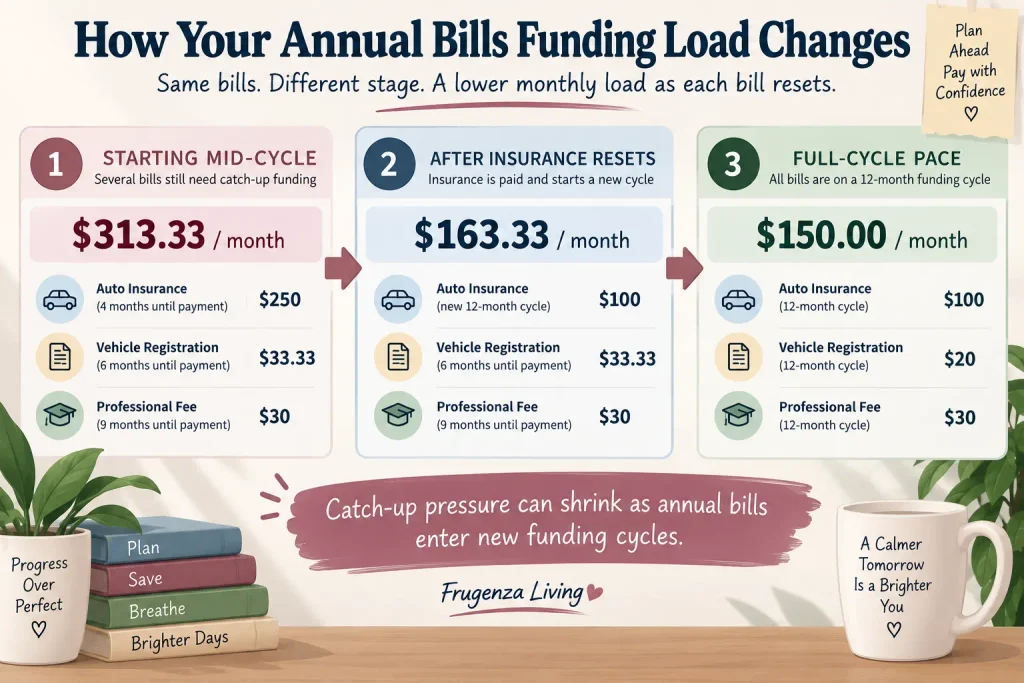 Annual bills sinking fund example showing monthly funding load changing from $313.33 to $163.33 to $150 as bills reset
