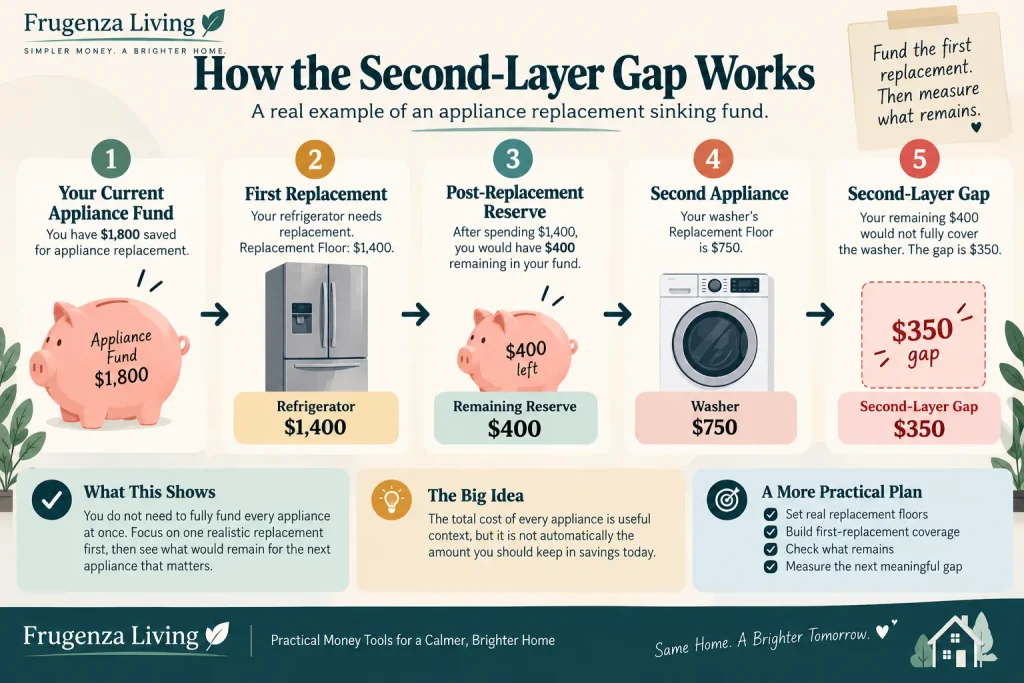Second-Layer Gap example showing a $1,800 appliance fund, $1,400 refrigerator replacement, and $350 washer funding gap