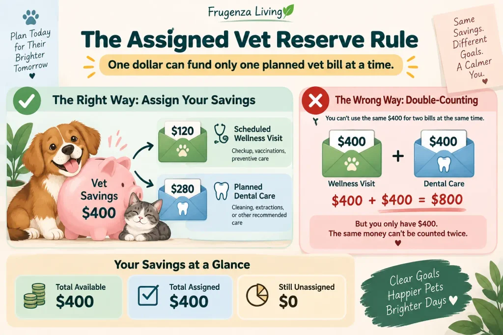 Assigned Vet Reserve Rule showing how $400 in pet savings is divided between a scheduled wellness visit and planned dental care