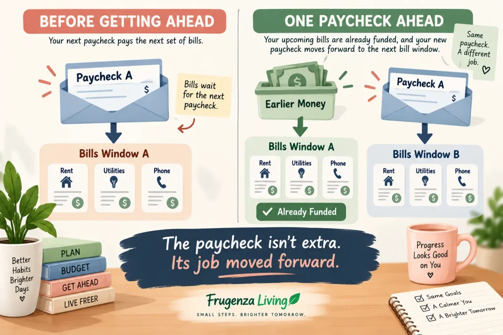 Before and after example showing how getting one paycheck ahead moves a new paycheck forward to the next bill window