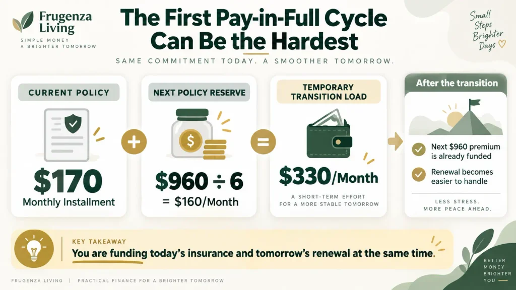 Car insurance sinking fund example showing a $170 monthly installment plus $160 monthly renewal savings creating a temporary $330 monthly transition cost